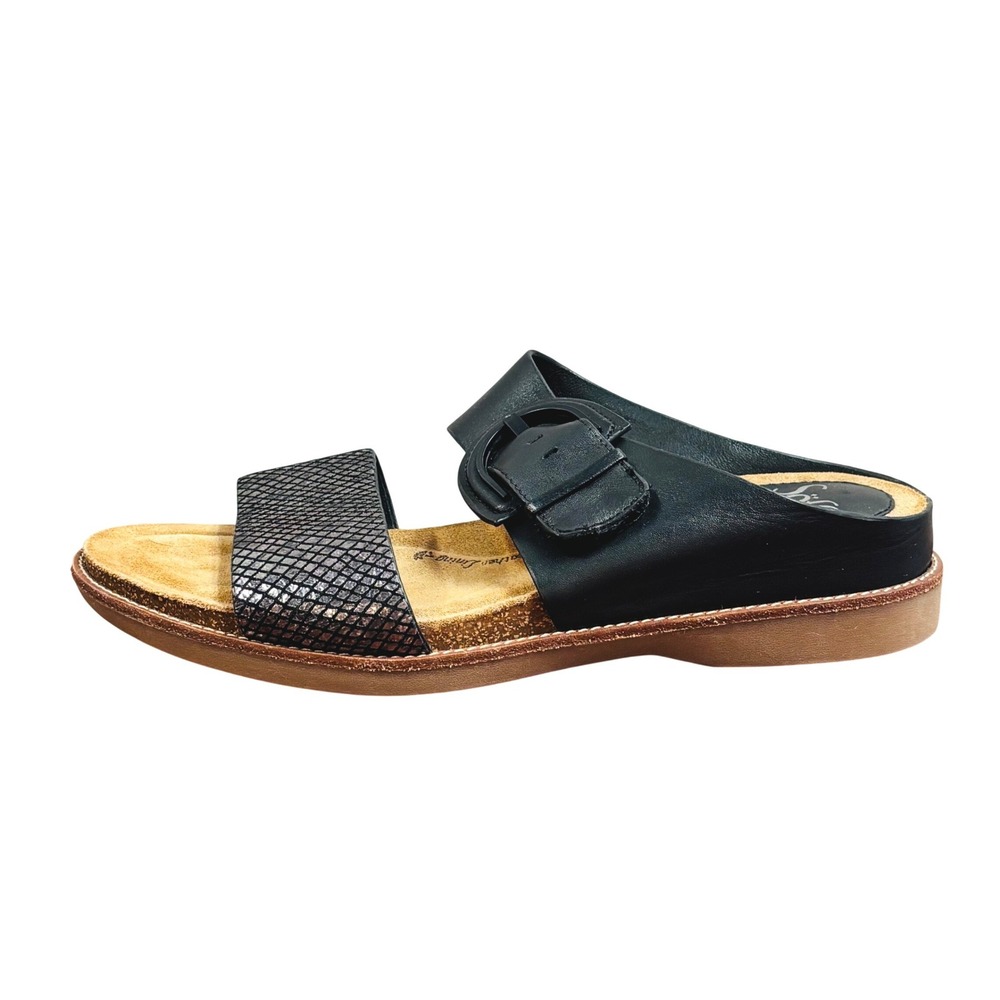 NEW Sofft Mirabelle Black Leather Slide Sandals Snake Print Buckle Womens 9M